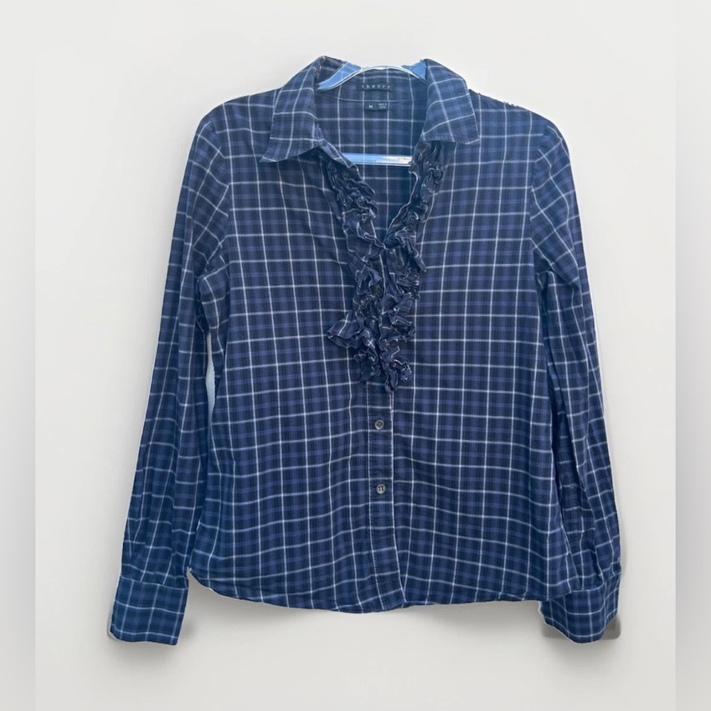 Theory Button Down Shirt Women M Blue Plaid Ruffle 100% Cotton Long Sleeve